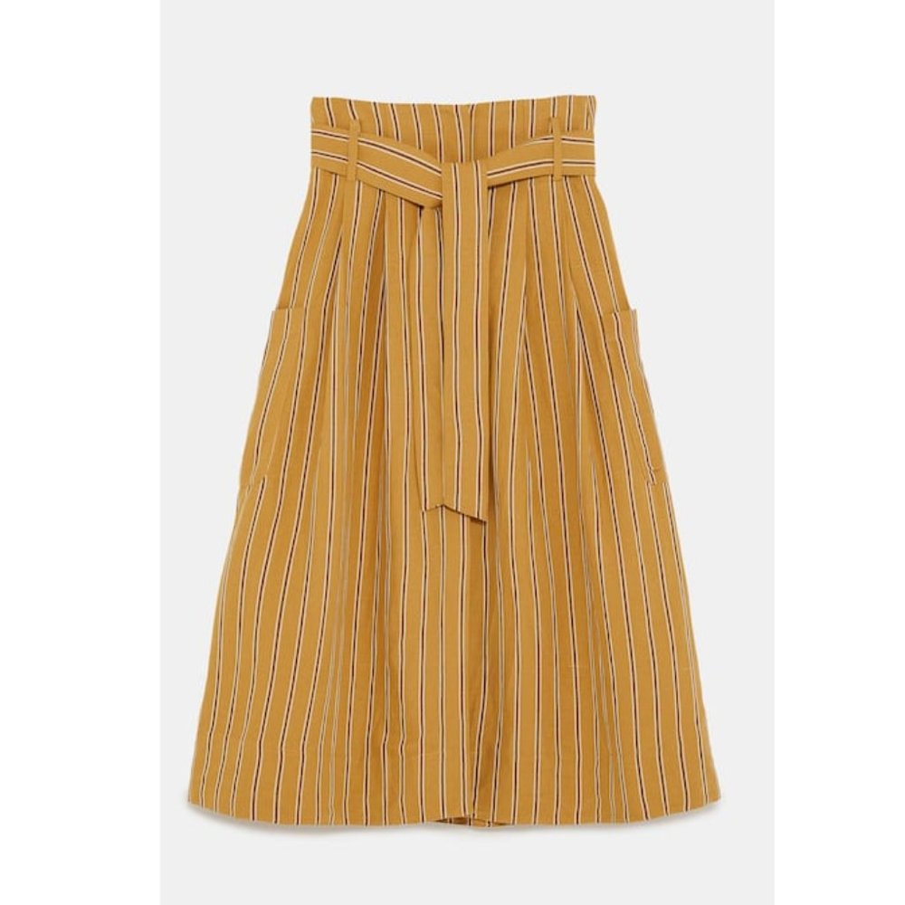 Zara Voluminous Linen Blend Striped Skirt with Bow Detail - Picture 7 of 8